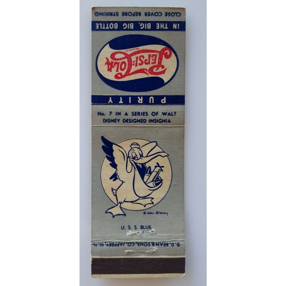 Pepsi Cola Matchbook Cover Walt Disney 1940s No 7 Pelican Bird Bombs U.S.S. Blue